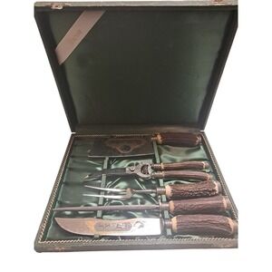 Baron Solingen Germany 5 Pc Carving Set Stag Horn Handles Engraved Blade Box Vtg